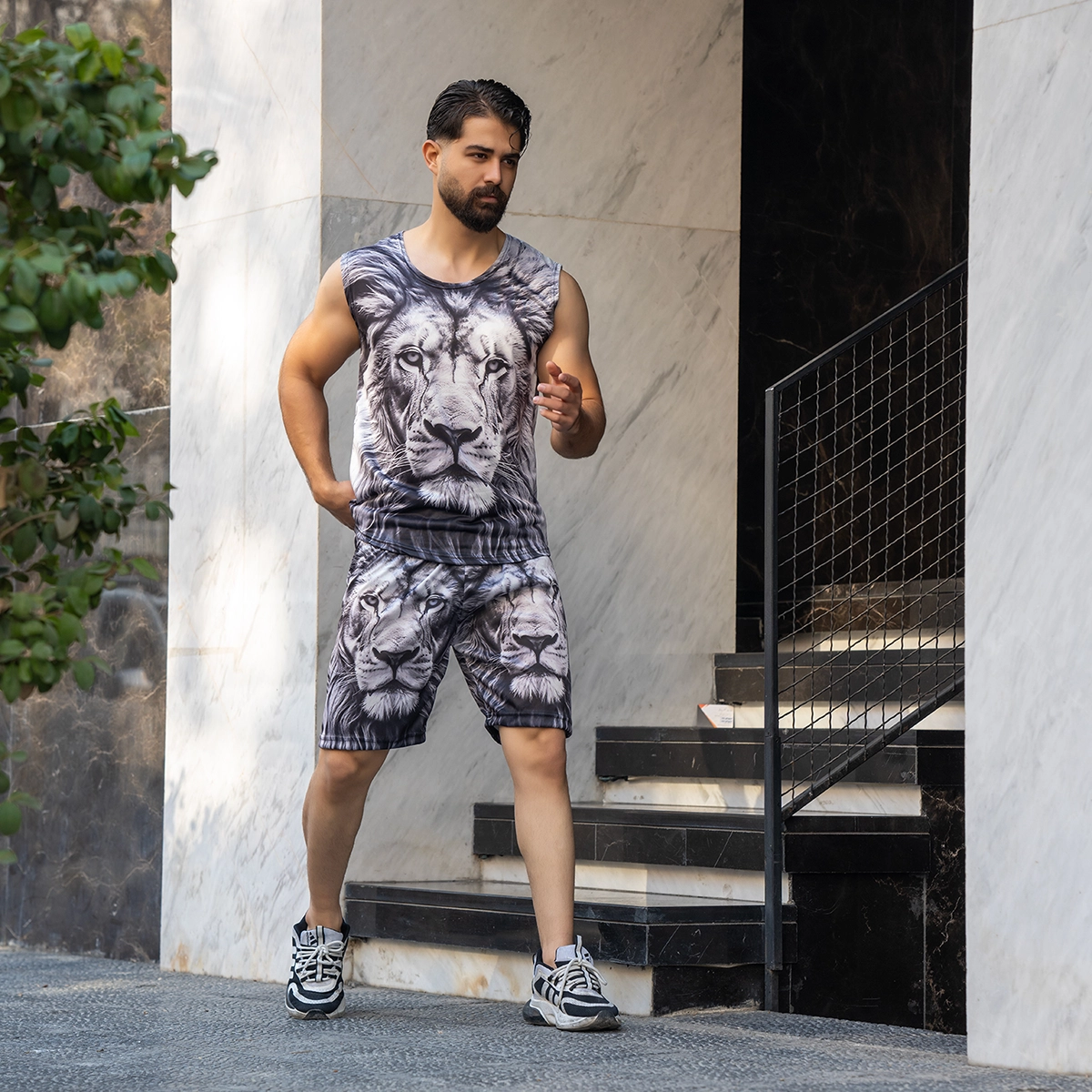 ست رکابی شلوارک مردانه طرح شیر سیاه و سفید