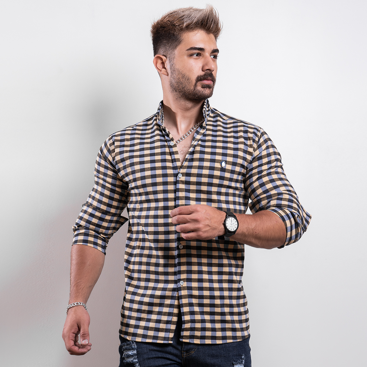 پیراهن شطرنجی زرد مردانه مدل Crown