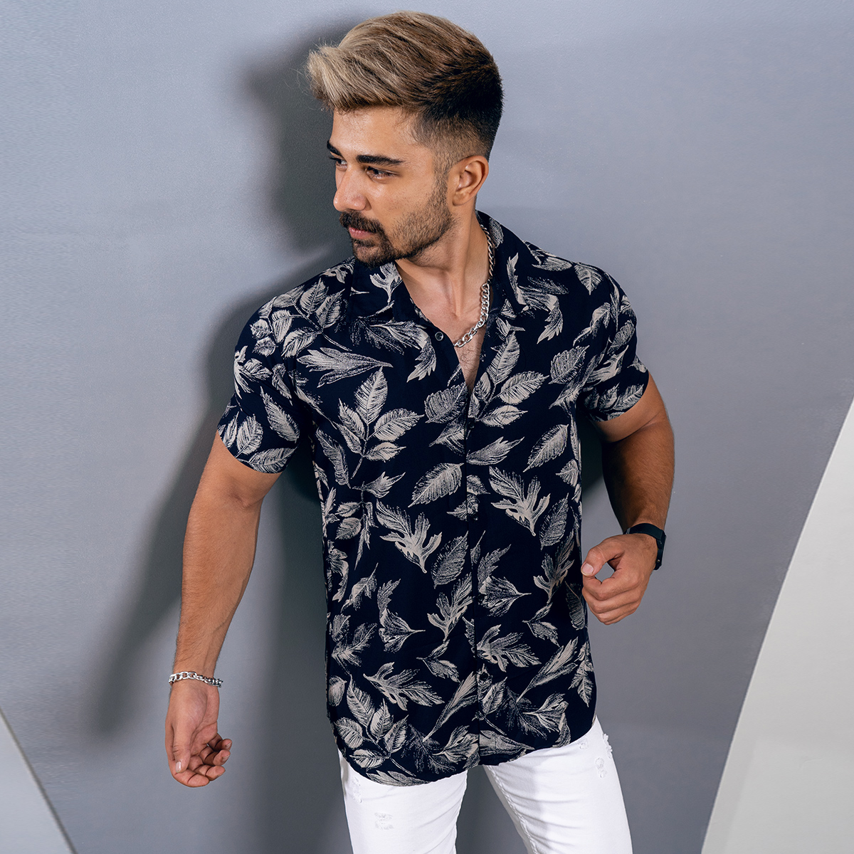 پیراهن هاوایی مردانه سرمه ای مدل Tinkal-