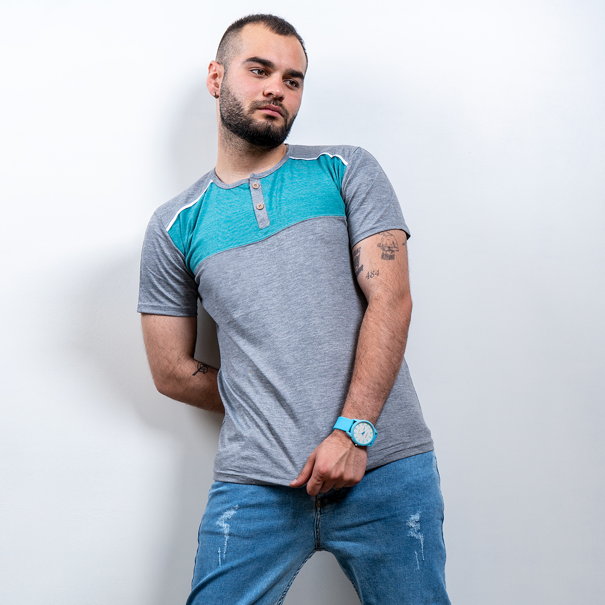تیشرت مردانه طوسی تیره فیروزه ای مدل Ratim(T)